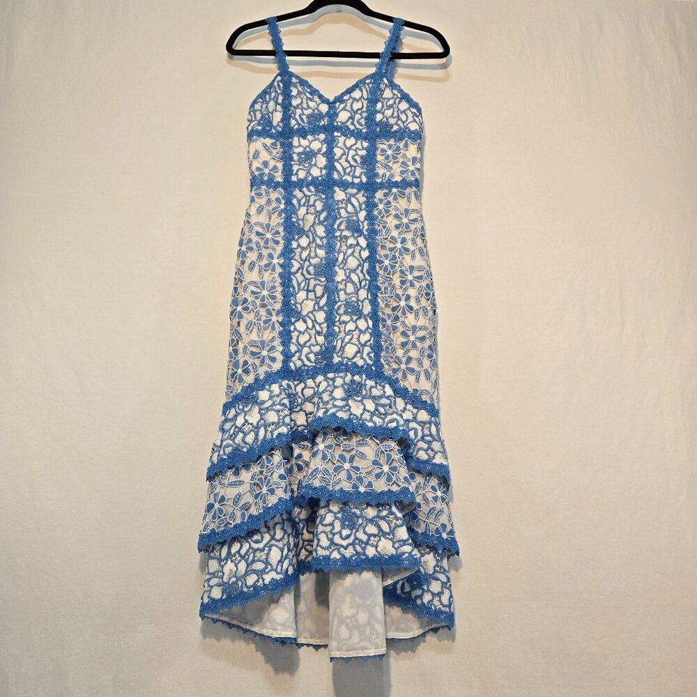 Alice + Olivia White Lace High-Low Dress with Blue Trim